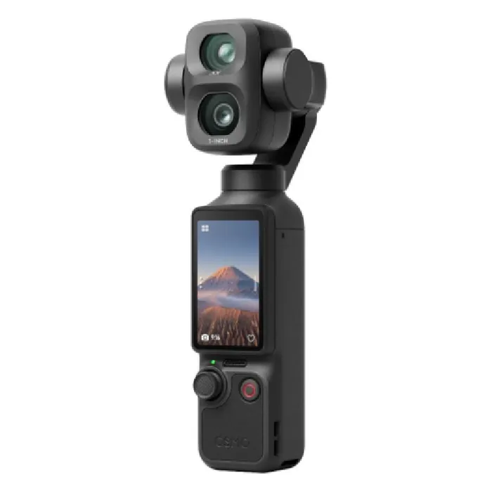 DJI Osmo Pocket 4P Vlog Combo Dual-Camera Gimbal Vlogging Camera with DJI Mic Mini 2, angled front view with the touchscreen on
