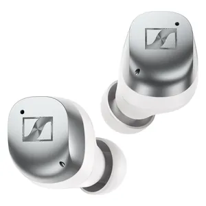 Sennheiser Momentum True Wireless 4 noise cancelling earbuds in White Silver, pair of earbuds, front view