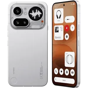 Nothing Phone (4a) Pro in Silver, back and front views side by side, showing the camera panel and the home screen