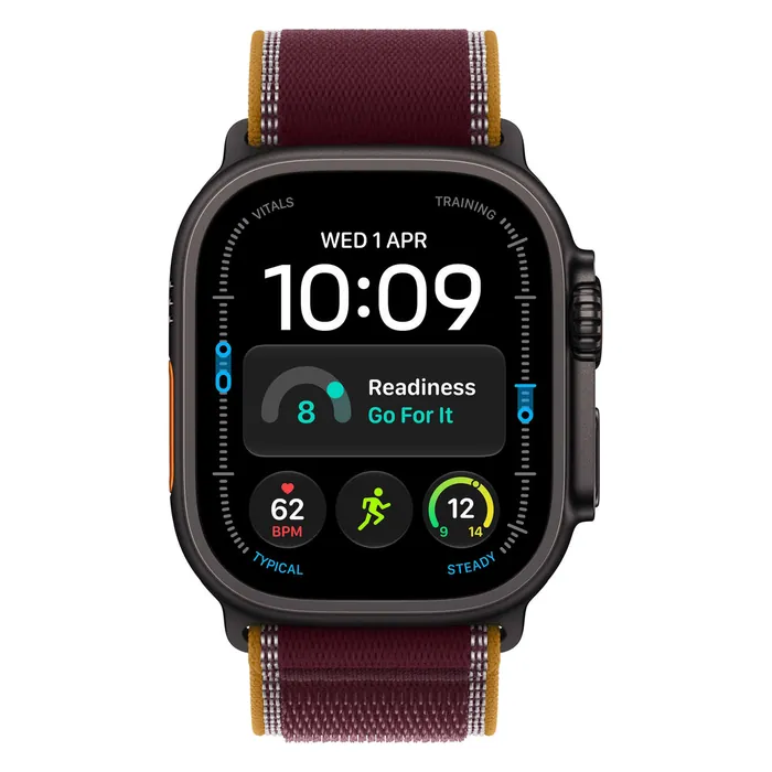 Apple Watch Ultra 4 in Black Titanium with the Burgundy Trail Loop, front view with the watch face on