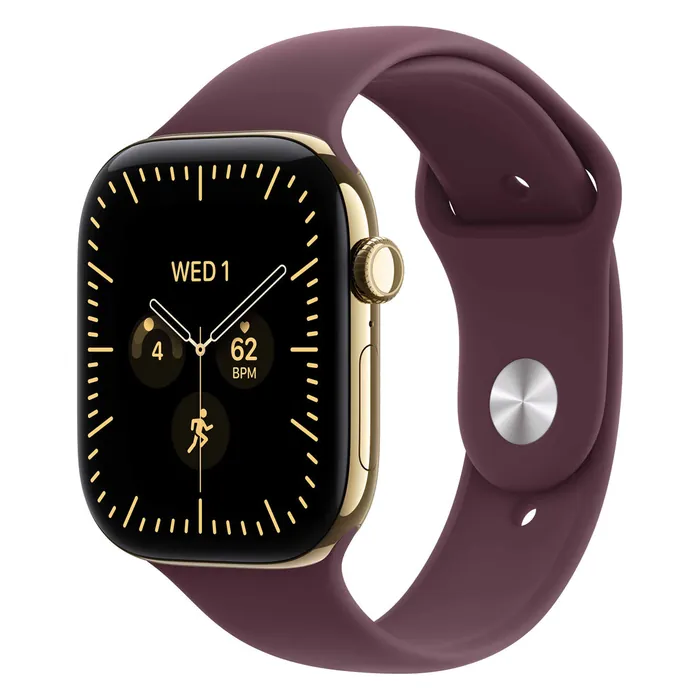 Apple Watch Series 12 46mm in Radiant Gold Titanium with the Burgundy Sport Band, three-quarter view with the watch face on