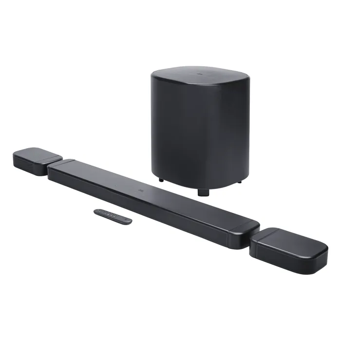 JBL Bar 800MK2 soundbar with detachable surround speakers and wireless subwoofer in Black, soundbar with surround speakers attached, subwoofer and remote