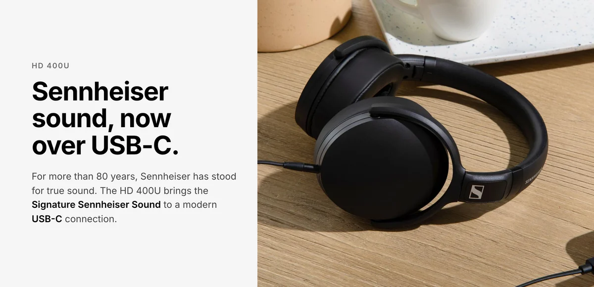 Sennheiser HD 400U wired headphones on a desk, Signature Sennheiser Sound over a USB-C connection