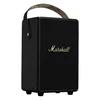 Marshall Tufton portable Bluetooth speaker in Black and Brass, angled front view with the carry strap
