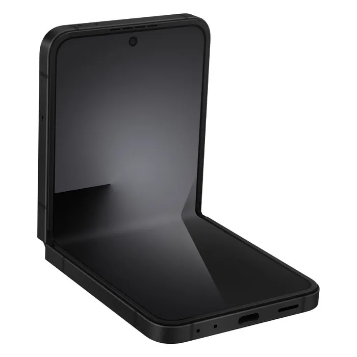 Samsung Galaxy Z Flip 7 FE in Black, half folded side view showing the USB-C port