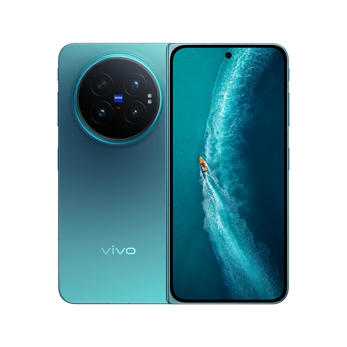 Vivo X Fold6 in Nebula Teal, folded, back and cover screen views