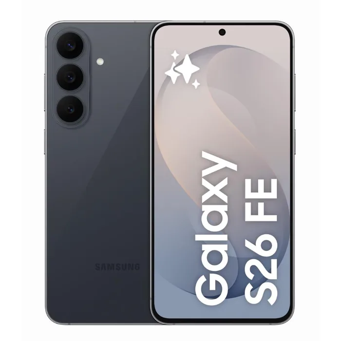 Samsung Galaxy S26 FE in Graphite, back and front views