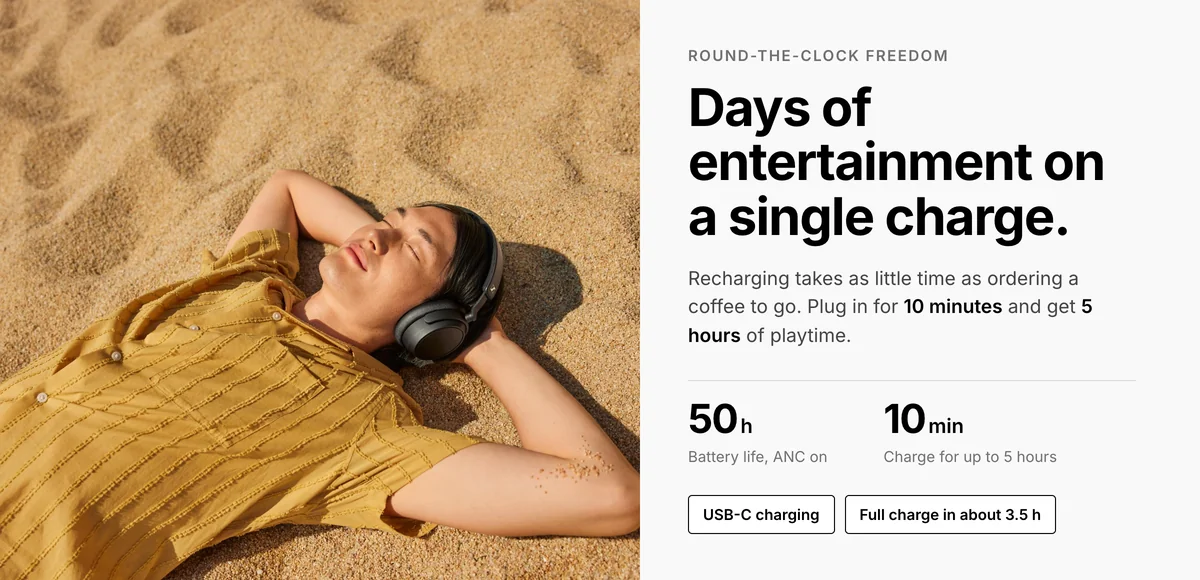 Sennheiser Accentum Plus Wireless up to 50 hours battery, 10 minute fast charge for 5 hours, USB-C charging