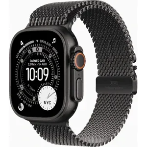 Apple Watch Ultra 3 in Black Titanium with the Black Titanium Milanese Loop, three-quarter view with the watch face on