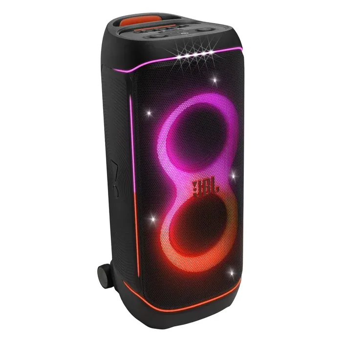 JBL PartyBox 720 portable Bluetooth party speaker in Black, angled front view with the lightshow on
