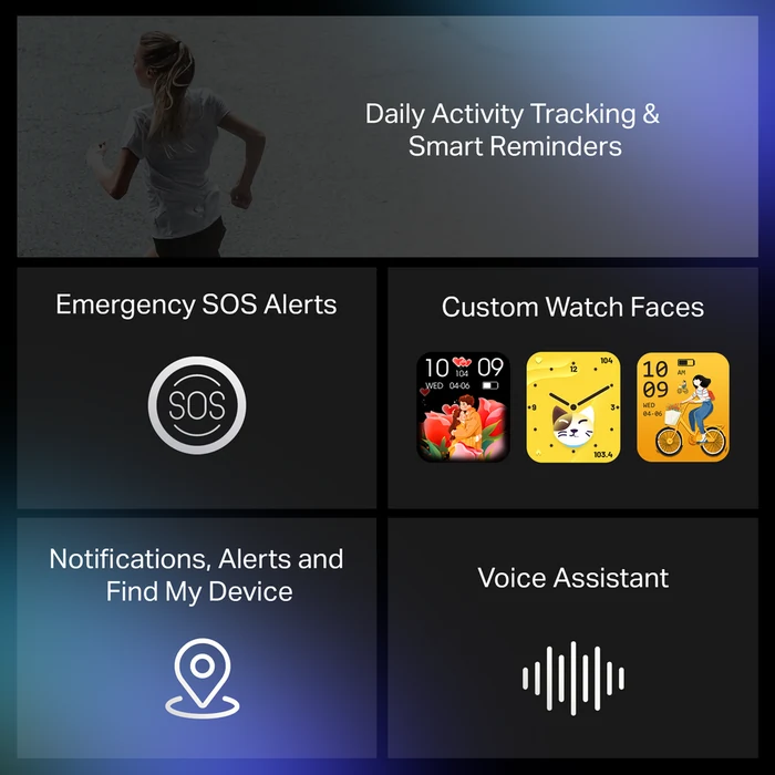 boAt Storm Infinity Plus, activity tracking, SOS alerts, watch faces, notifications and voice assistant feature graphic