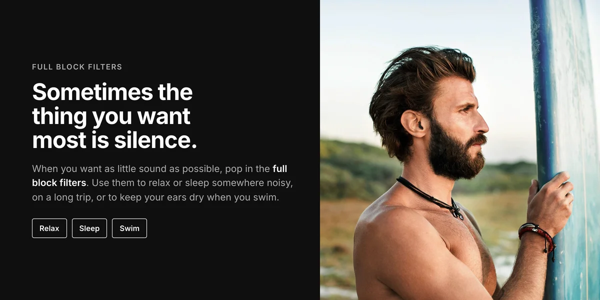 Man with a surfboard, Sennheiser SoundProtex Plus full block filters for rest, sleep and swimming