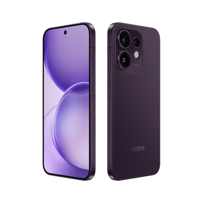OPPO Reno16 5G in Twilight Violet, angled front and back views
