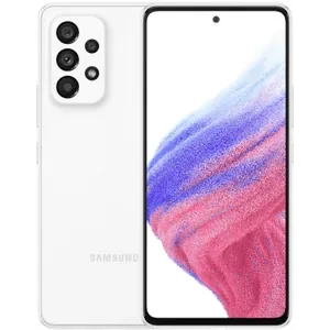 Samsung Galaxy A53 5G in Awesome White, front view of the 6.5-inch Super AMOLED screen