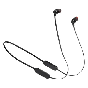 JBL Tune 175BT wireless in-ear neckband in Black, angled view with the flat cable, remote and earbuds