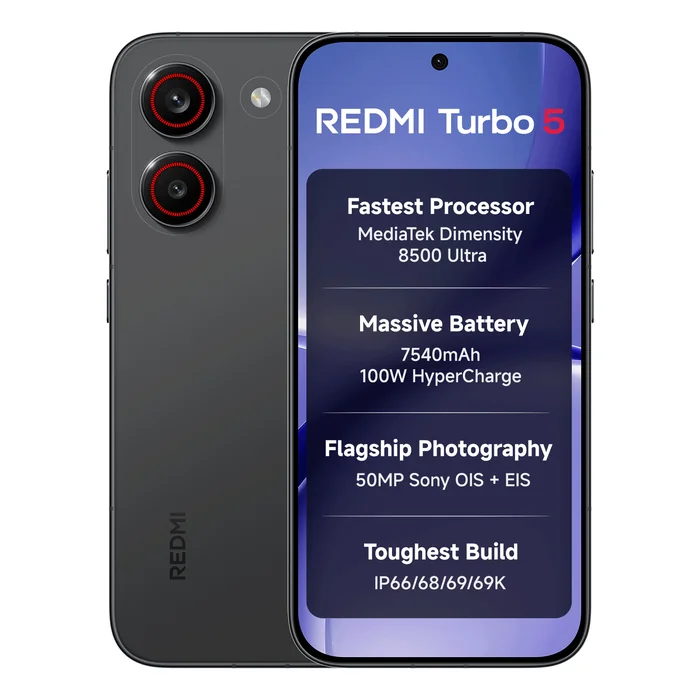 Redmi Turbo 5 in Asphalt Black, front and back views with the key features