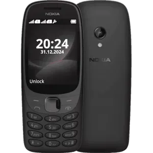 Nokia 6310 in Black, front view with the 2.8-inch screen and keypad, next to the back with the camera and LED flash