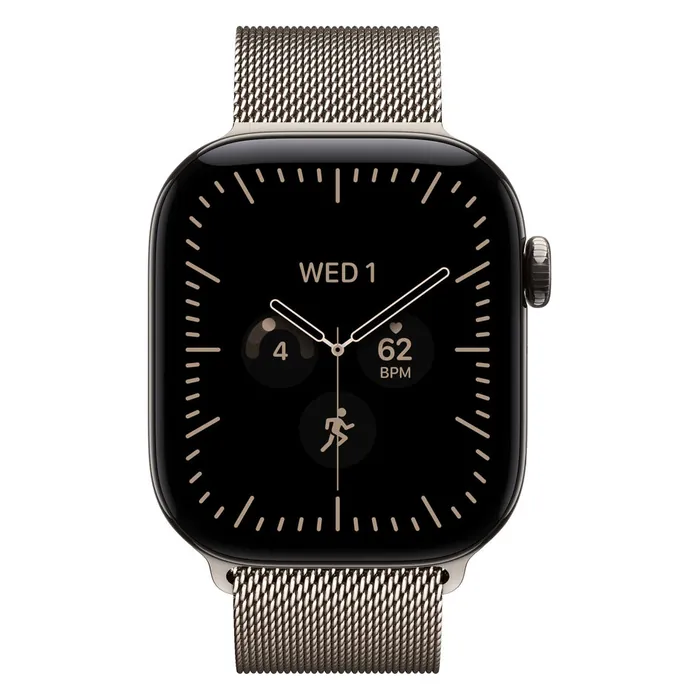 Apple Watch Series 12 42mm in Natural Titanium with the Natural Milanese Loop, front view with the watch face on