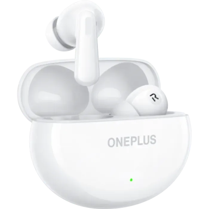 OnePlus Nord Buds 3 true wireless noise cancelling earbuds in Melodic White, earbud lifted out of the open charging case