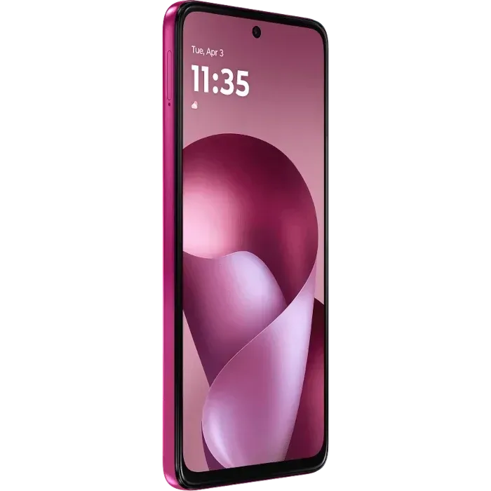 Motorola Moto G77 Power in Pantone Fuchsia Red, angled front view of the 6.72-inch screen