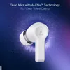 boAt Nirvana Lucid true wireless earbuds in Zinc White, close-up of an earbud with quad mics and AI ENx