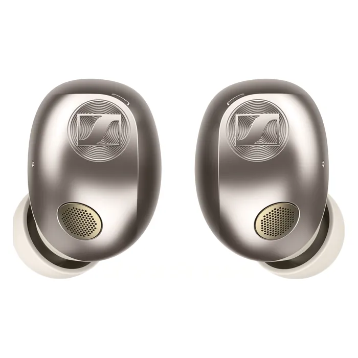 Sennheiser Momentum True Wireless 5 noise cancelling earbuds in Cream, pair of earbuds, front view