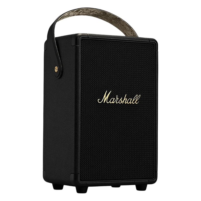 Marshall Tufton portable Bluetooth speaker in Black and Brass, angled front view with the carry strap