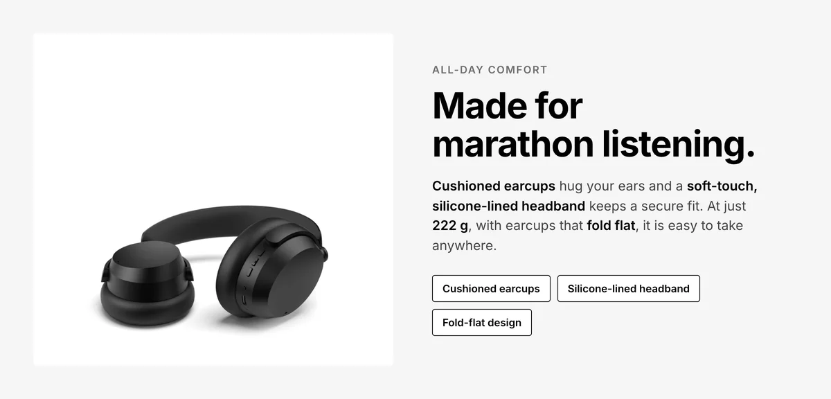 Sennheiser Accentum Wireless cushioned earcups, silicone-lined headband, fold-flat design, 222 g