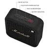 Marshall Willen II portable Bluetooth speaker in Black and Brass, top panel with labelled power and Bluetooth buttons, microphone and battery indicator