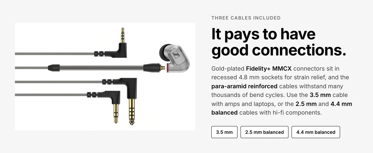 Sennheiser IE 900 with its three included cables: 3.5 mm, 2.5 mm balanced and 4.4 mm balanced, MMCX