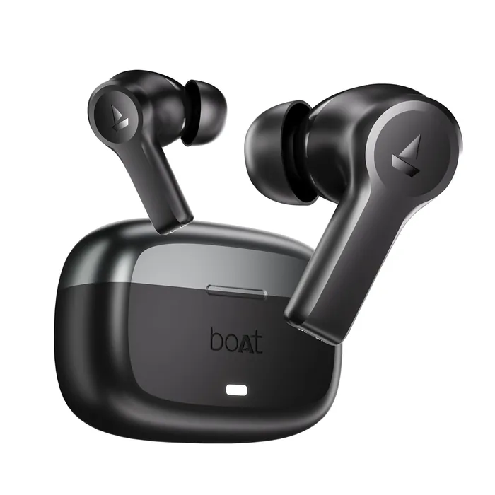 boAt Nirvana Lucid true wireless earbuds in Gunmetal Black, earbuds beside the charging case