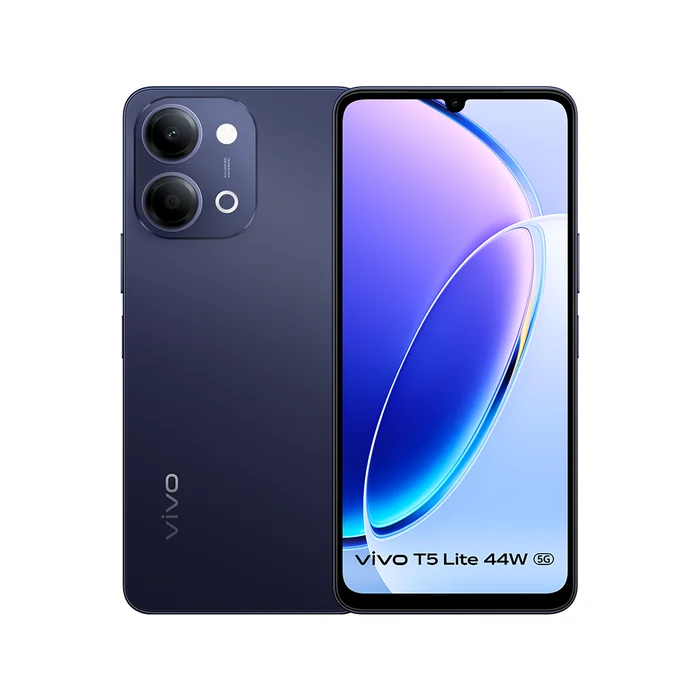 Vivo T5 Lite 5G in Twilight Shadow, front and back views