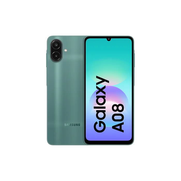 Samsung Galaxy A08 4G in Green, back and front views