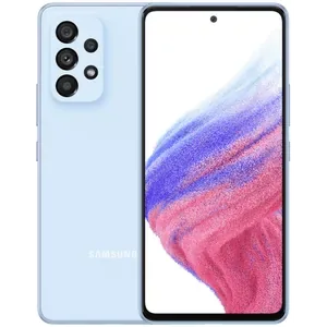 Samsung Galaxy A53 5G in Awesome Blue, back and front views side by side, showing the quad camera and the 6.5-inch screen