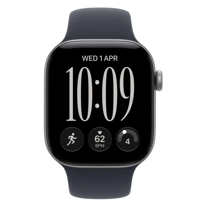 Apple Watch Series 12 42mm in Space Grey Aluminium with the Navy Blue Sport Band, front view with the watch face on