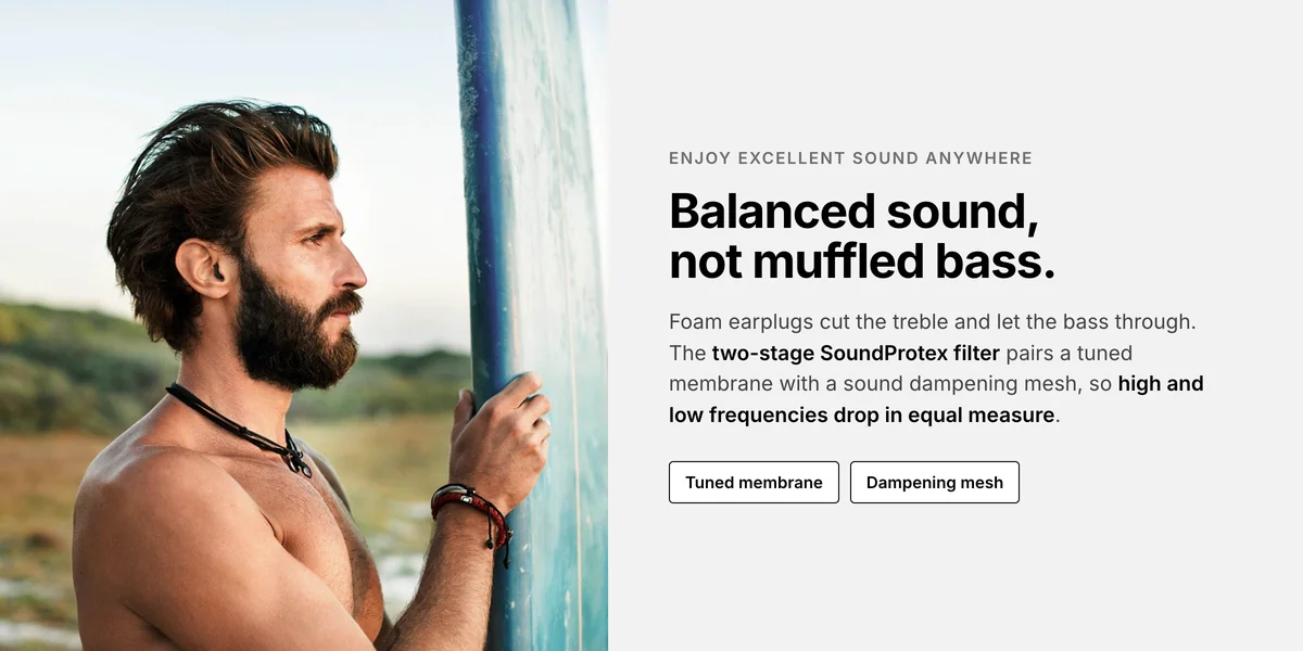 Man with a surfboard, Sennheiser SoundProtex two-stage filter lowers high and low frequencies equally