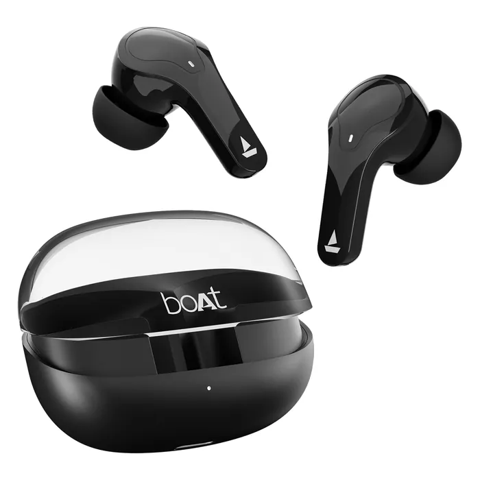 boAt Airdopes 311 Pro true wireless earbuds in Active Black, earbuds above the charging case with its transparent lid