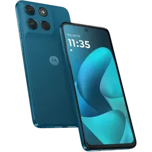Motorola Moto G57 Power 5G in Pantone Corsair, back and front views, showing the camera module and the 6.72-inch screen