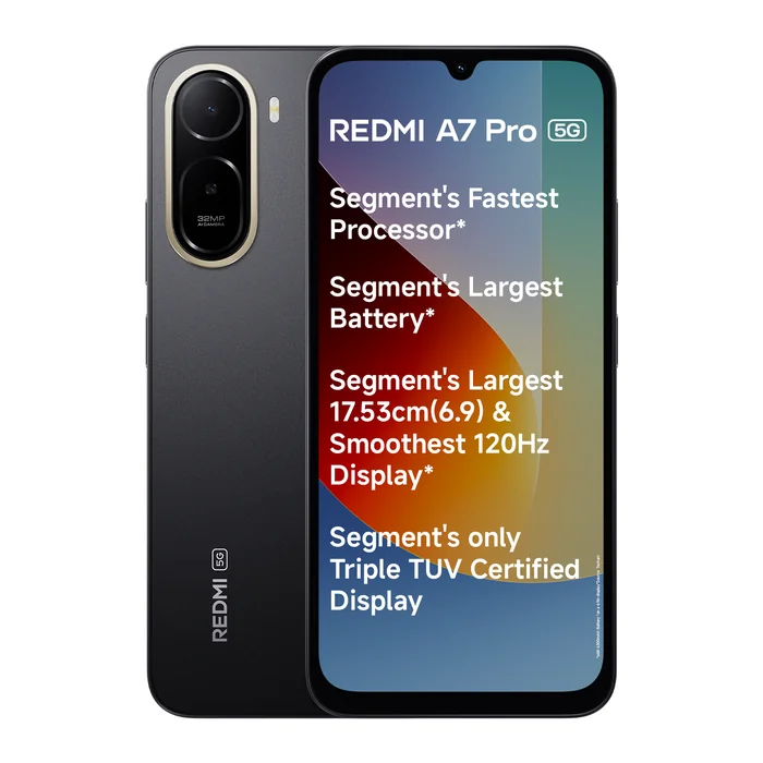 Redmi A7 Pro 5G in Black, front and back views with the key features