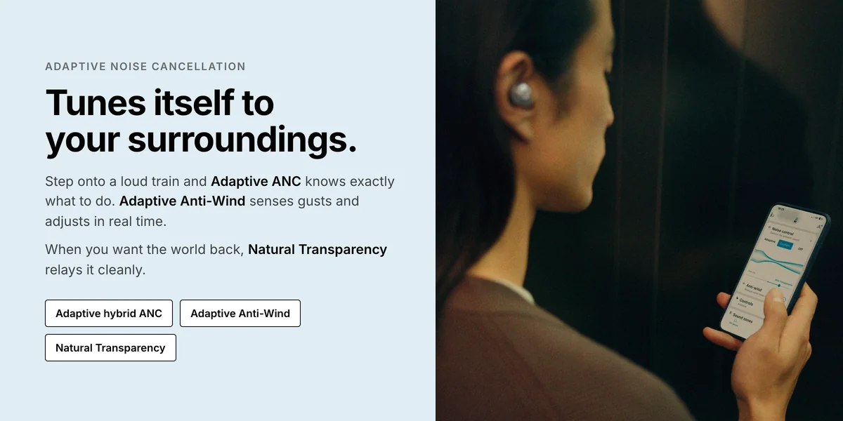 Woman setting noise control in the app with Sennheiser Momentum True Wireless 5, adaptive ANC and Anti-Wind