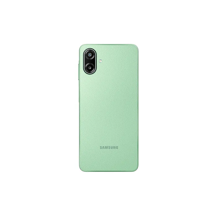 Samsung Galaxy F70e 5G in Limelight Green, back view with the dual camera and leather finish