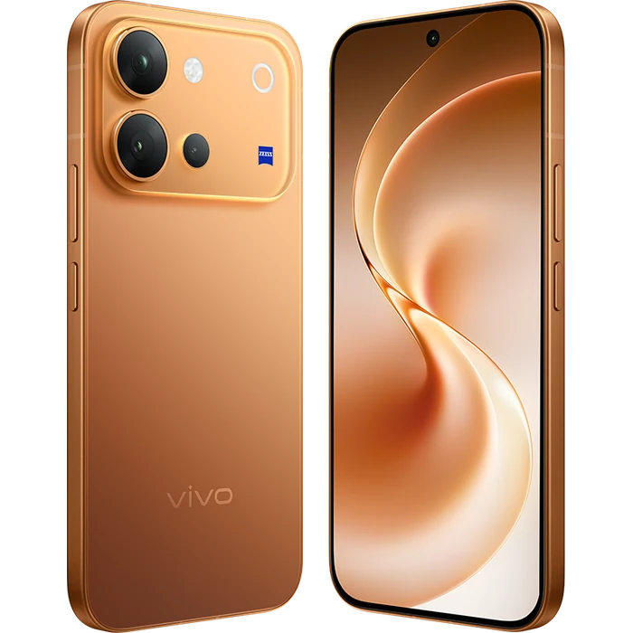 Vivo V80 5G in Sunrise Anthem, angled back and front views