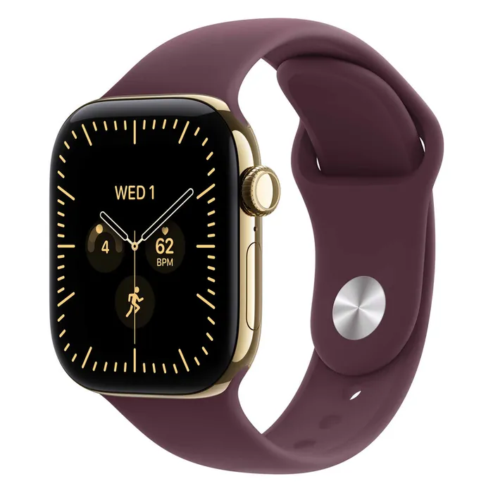 Apple Watch Series 12 42mm in Radiant Gold Titanium with the Burgundy Sport Band, three-quarter view with the watch face on