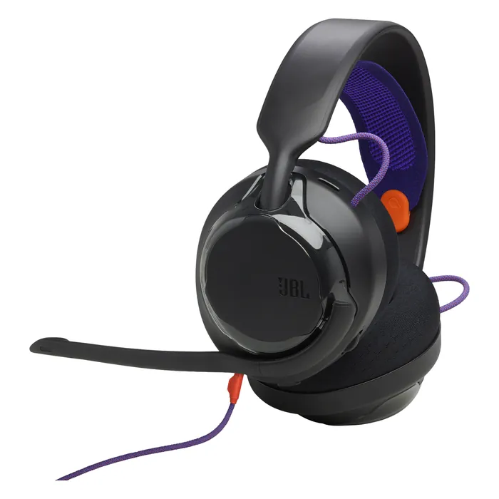 JBL Quantum 250 wired gaming headset in Black, angled view with the boom mic