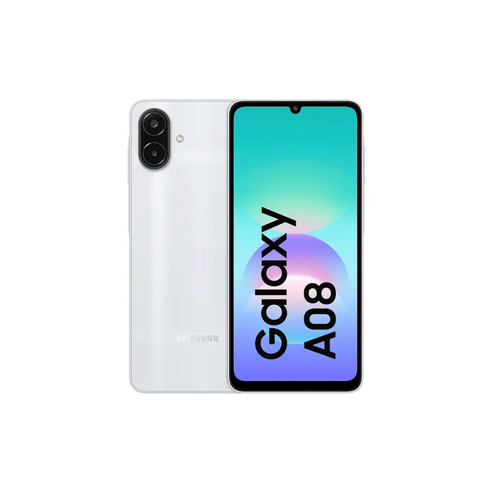 Samsung Galaxy A08 4G in Silver, back and front views