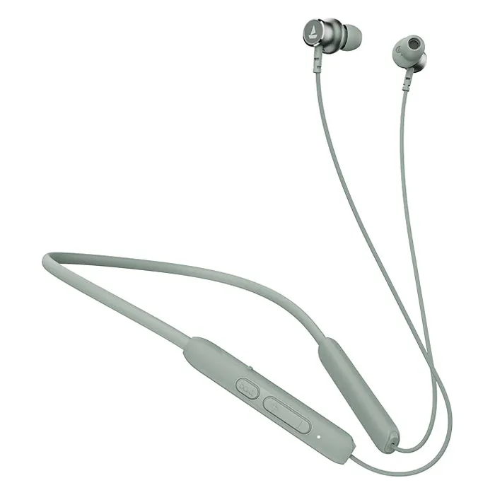 boAt Rockerz 195 V2 Pro wireless neckband earphones in Ash Green, full neckband with the inline remote and earbuds