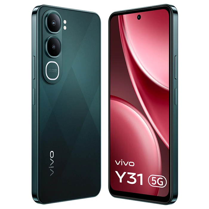 Vivo Y31 5G in Coral Green, angled back view next to an angled front view