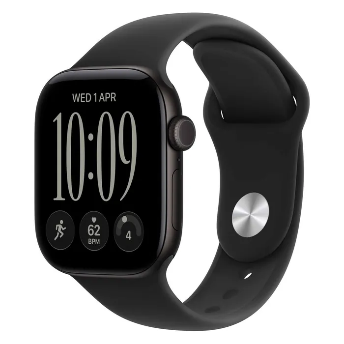 Apple Watch Series 12 42mm in Black Aluminium with the Black Sport Band, three-quarter view with the watch face on
