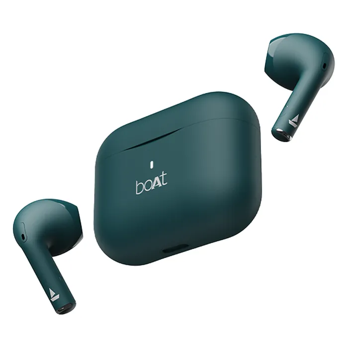boAt Airdopes Ace true wireless earbuds in Davys Green, earbuds and charging case