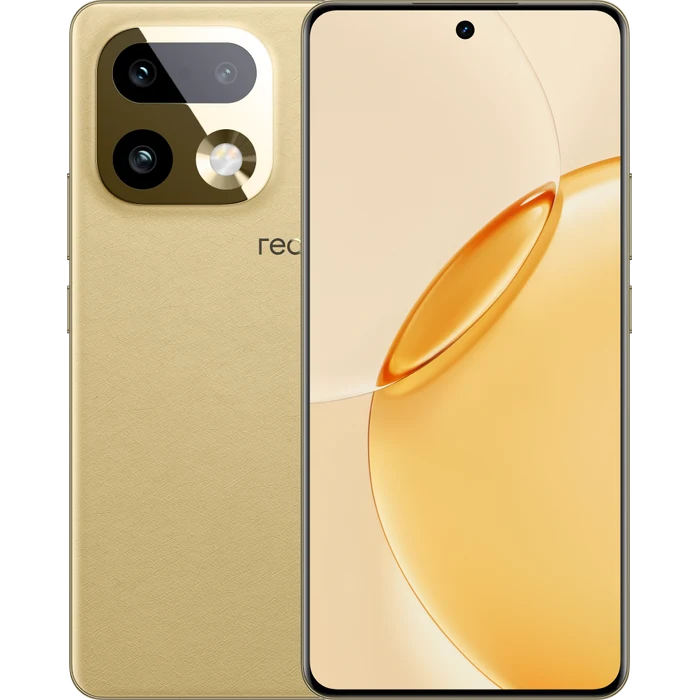 Realme 16 Pro+ 5G in Master Gold, back and front views, showing the triple camera and the 6.8-inch curved screen